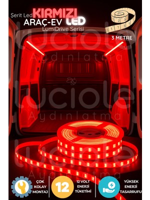Luciole Lumidrive 3m Kırmızı 12V Şerit LED – 2835 Smd, 180 Led’li, Yapışkanlı, Çıplak Uçlu, Kesilebilir