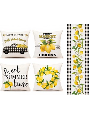 Bebişim Halı Hello Sunshine Limon Temalı Siyah Çizgili Dekoratif 4’lü Kırlent Kılıfı ve Runner Seti