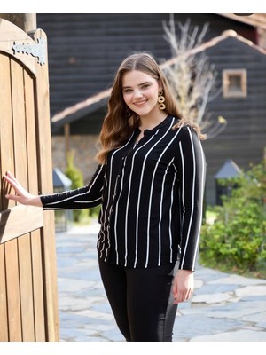 Wear On Collection Kadın Büyük Beden Siyah Beyaz Çizgili Uzun Kollu Düğmeli Bluz