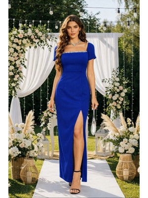 Arben Boutique Kadın Kısa Kollu Kare Yakalı Sim Detaylı Arkadan Bağcıklı Yırtmaçlı Uzun Ithal Krep Elbise