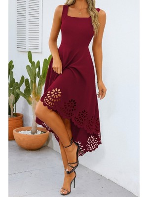 Arben Boutique Kadın Askılı Geometrik Yaka Çiçek Lazer Kesim Ithal Krep Elbise