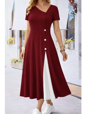 Infivento Kadın Kısa Kollu Asimetrik Yakalı Düğme Detaylı Midi Viskon Elbise