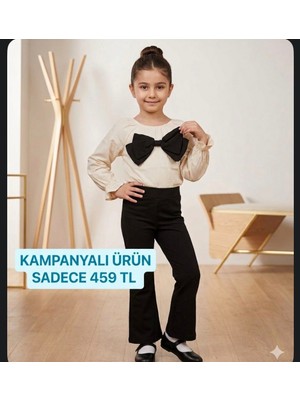 Gny Giyim Kız Çocuk Siyah Beyaz Fiyonk Detaylı Bluz ve Ispanyol Paça Pantolon Takımı