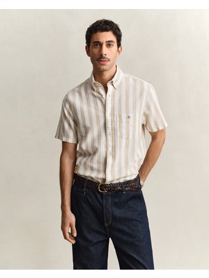 Gant Erkek Bej Regular Fit Çizgili Logolu Gömlek 3260020.200