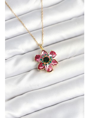 Kuşkaya Ticaret 316L Çelik Zincirli Pembe Çiçek Model Kadın Kolye