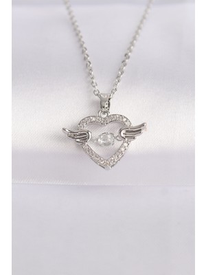 Sibelora Home 316L Çelik Zincir Gümüş Renk Zirkon Taşlı Kanatlı Kalp Kolye