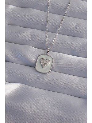 Sibelora Home 316L Çelik Zincir Mermer Desenli Gümüş Renk Zirkon Taşlı Kalp Model Kolye