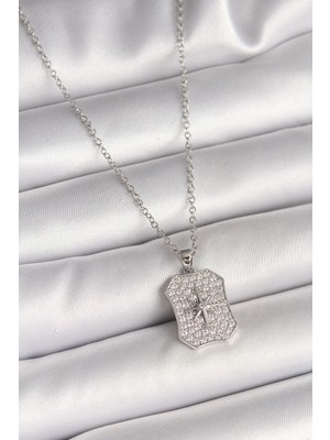 Sibelora Home 316L Çelik Gümüş Renk Zincir Zirkon Taşlı Kutup Yıldız Işlemeli Madalyon Model Kadın Kolye