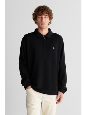 Gant Erkek Siyah Relaxed Fit Yarım Fermuarlı Logolu Sweatshirt 2526178T.5