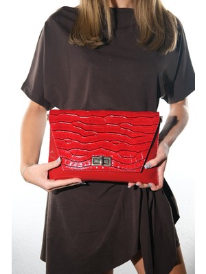 Luvi Maorı Kırmızı Baskı Rugan Kadın Clutch Çanta