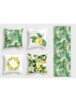 Bebişim Halı Tropikal Yaprak & Watercolor Limon Desenli Dekoratif 4’lü Kırlent Kılıfı ve Runner Seti