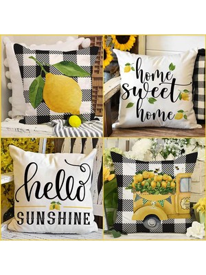 Bebişim Halı 4’lü Limon ve Ekose Desenli Kırlent Kılıfı Seti Home Sweet Home Hello Sunshine Dekoratif Yastık