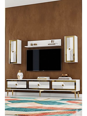 Yumedi Design TVR1816BG - Temtem Tv Ünitesi Takımı 180CM Beyaz-Gold