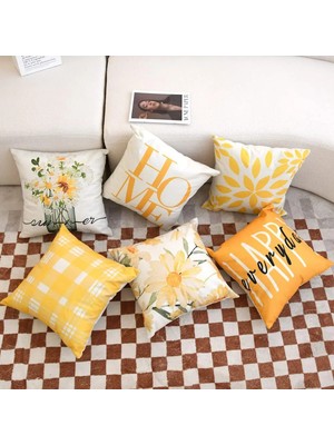 Bebişim Halı 4’lü Sarı Beyaz Modern Kırlent Kılıfı Seti Happy Home Yazı Desenli Dekoratif Yastık