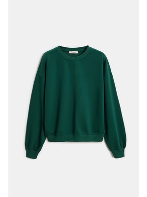 Saade Yeşil Kadın Oversize Bisiklet Yaka Basic Casual Sweatshirt