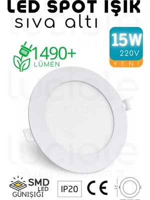 Luciole 15W Slim LED Spot – 3200K Günışığı Işık, 1490 Lümen, Beyaz Kasa, 18.8 Cm, 220V, 15000 Saat Ömür