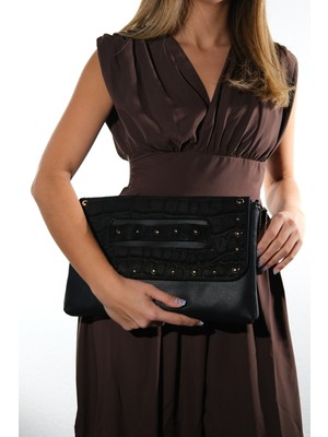 Luvi Ashe Siyah Baskı Troklu Kadın Clutch Çanta