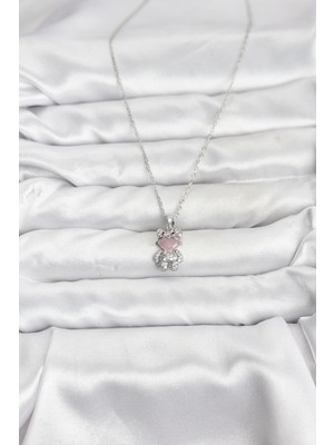 Kuşkaya Ticaret 316L Çelik Zincir Gümüş Renk Teddy Bear Model Zirkon Taşlı Kadın Kolye