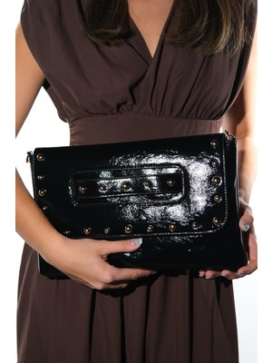 Luvi Marry Siyah Kırışık Rugan Troklu Kadın Clutch Çanta