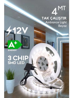 Luciole Şerit LED 4 Metre Beyaz Işık 3 Çipli Pro Ambiyans Aydınlatma Mutfak Salon Yatak Odası Lambader