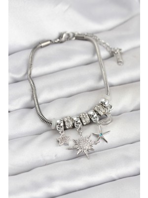 Sibelora Home Pirinç Gümüş Renk Güneş Tema Charmlı Kadın Bileklik