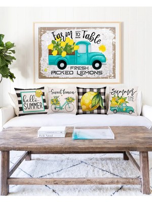 Bebişim Halı 4’lü Limon Ekose Kırlent Kılıfı Seti Hello Summer Siyah Çizgili Modern Dekoratif Yastık