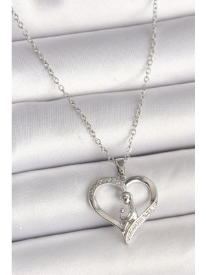 Sibelora Home 316L Çelik Gümüş Renk Zincir Zirkon Taş Detaylı Kalp Model Kadın Kolye
