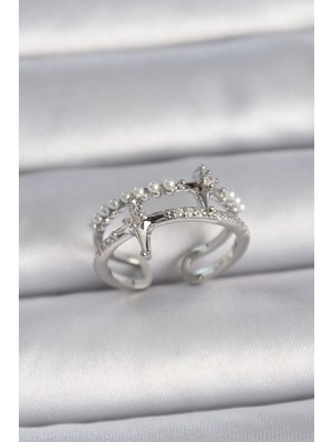 Sibelora Home Pirinç Gümüş Renk Ayarlanabilir Zirkon Taşlı Kutup Yıldız Inci Detay Kadın Yüzük