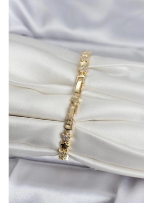 Senka Mey Ithalat® Pirinç Gold Renk Zirkon Taşlı Yıldız Model Kadın Bileklik