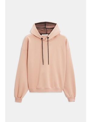 Saade Koyu Pudra Kadın Oversize Kapüşonlu Basic Hoodie Sweatshirt