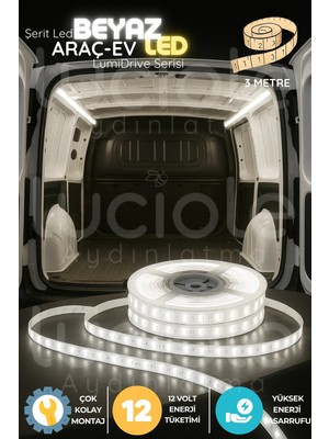Luciole Lumidrive 3m Beyaz 12V Araç LED Şerit – 180 Çipli, Montaj Hazır, Kesilebilir, Çıplak Kablolu