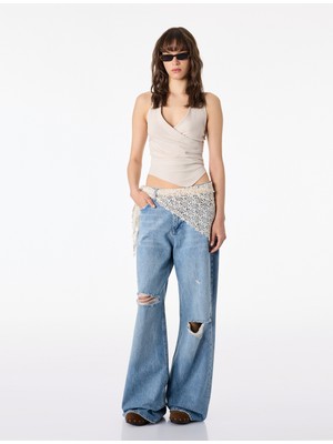 Koton Yıpratılmış Dar Kesim Dantel Kemer Detaylı Ispanyol Paça Denim Pantolon - Flare Jeans