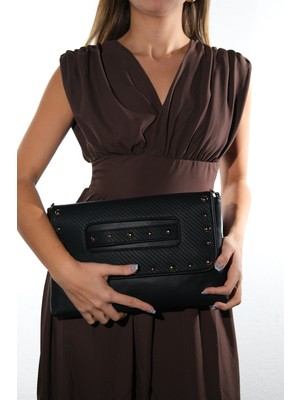 Luvi Marry Siyah Hasır Desenli Troklu Kadın Clutch Çanta