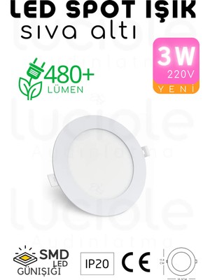Luciole 3W Beyaz Kasa LED Slim Spot – 3200K Günışığı Işık, 155 Lümen, 8.3 cm Çap, 220V, 15000 Saat Ömür
