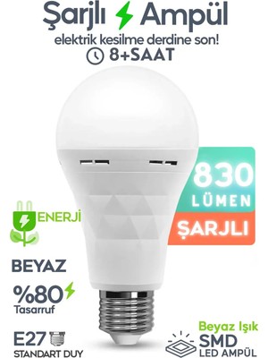 Luciole Şarjlı Ampül 830 Lümen Ultra Acil Durum & Kamp Işığı 220V Beyaz E27 Duy Otomatik %80 Tasarruflu