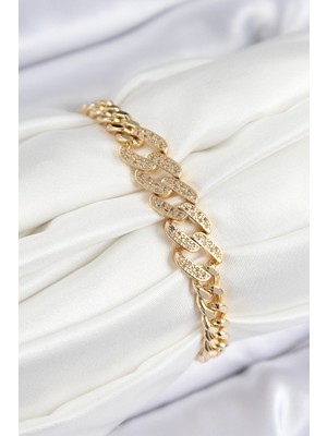Sibelora Home Pirinç Zirkon Taşlı Ezme Küba Zincir Model Gold Renk Kadın Bileklik