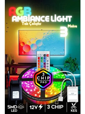 Luciole Tv Arkası Yatak Çocuk Odası Mutfak Salon Rgb Şerit LED Uzaktan Kumandalı Tak Çalıştır 3 Metre