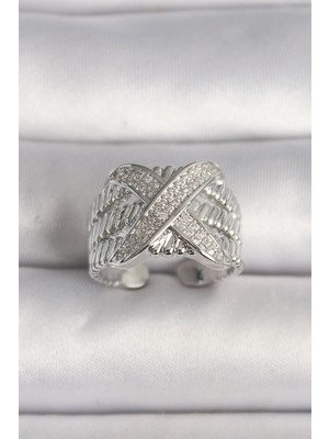 Sibelora Home Pirinç Gümüş Renk Ayarlanabilir Zirkon Taşlı x Model Kadın Yüzük