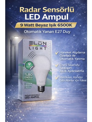Sibelora Home Radar Sensörlü LED Ampul 9 Watt Beyaz Işık 6500K Otomatik Yanan E27 Duy