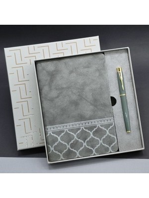 Najmaddin Kutulu Deri Defter Roller Kalem Set -Com