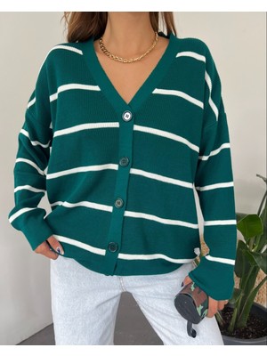 Moda Morfo Çizgili Düğmeli Hırka -Zümrüt