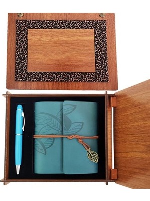 Najmaddin Ahşap Kutulu Mavi Deri Defter Kalem Seti -Com