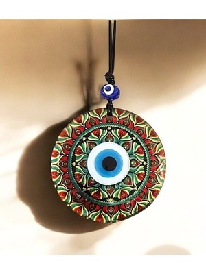 Najmaddin Kırmızı Çiçek Desenli ve Nazar Boncuklu El Yapımı Füzyon Cam Duvar Süsü -Com