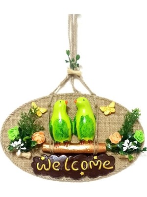 Najmaddin Yeşil Kuşlu Welcome Yazılı El Yapımı Kapı Süsü -Com