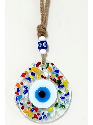 Najmaddin Gökkuşağı Renklerinde Nazar Boncuklu Damla Model Şeffaf Cam Duvar Süsü -Com