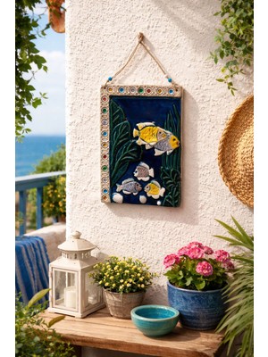 Marena Home Seramik Büyük Akvaryum Duvar Süsü 33X23 Cm, El Yapımı Deniz Balık Akdeniz Temalı Bohem Duvar Dekoru