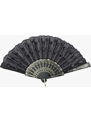 Najmaddin Siyah Plastik Pullu Kumaş Yelpaze 12'li -Com