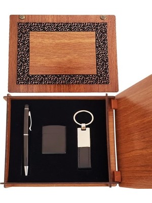 Najmaddin Ahşap Kutulu Siyah Kalem Anahtarlık ve Mat Çakmak -Com