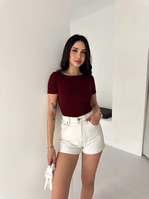 Elaxi Kadın Kısa Kollu Kayık Yaka Buzy Kumaş Tişört