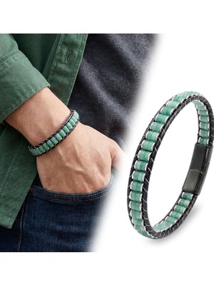 Kuşkaya Ticaret Yeşil Aventurin & Hematit Çelik Örgülü Deri Bileklik